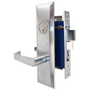 lot 13010 image: Marks Metro 116A Satin Chrome US26D Entry Left Handed (In-Swing) Thru-Bolted Mortise Lockset With Angled Lever Escutcheon Plates