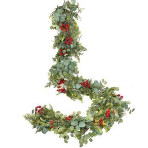 lot 13013 image: DearHouse 6ft Pine Christmas Garland with Red Berries and Eucalyptus Leaves for Holiday Season Mantel Fireplace Table Runner Centerpiece Decor
