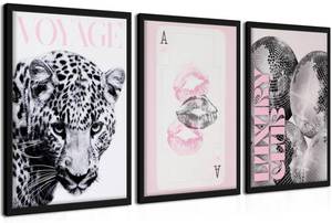 lot 13019 image: Pink Cheetah Wall Art Set of 3, Y2K Trendy Leopard Canvas Wall Decor Paintings, Preppy Black and White Cheetah Disco Posters Prints Pictures for Girly Room Bedroom Dorm 12x16 Inch Wood Framed