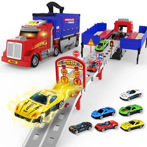 lot 13024 image: Carrier Truck Race Track Toys, Truck Toys for 3, 4, 5, 6, 7, 8 Years Old Kids, Foldable Transport Truck Toys Car with Lights & Sounds, 6 Metal Cars, Birthday Gifts for Toddler Boys Girls