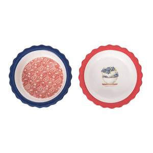 lot 13029 image: Transpac Americana 5.75 Inch Diameter Ceramic Serving Dish Pie Plate Set of 2 Red White and Blue Bandana and Blueberry