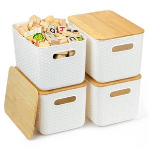 lot 13030 image: Ohmlove 4 Packs Storage Bins with Bamboo Lids - Plastic Storage Containers with Lids Stackable Storage Box��Storages Baskets for Organizing Desktop Closet Playroom Classroom Office,White