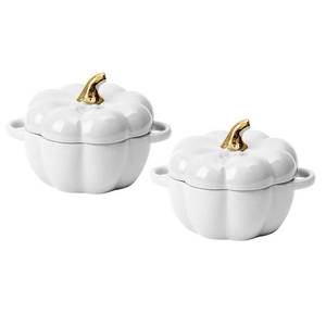 lot 13973 image: Pumpkin Bowl Set with Lid and Handle, Set of 2 Ceramic Ramekins for Baking, Casserole Dish Individual Severing Pot, Stoneware, Oven Safe, 14 Oz (White)
