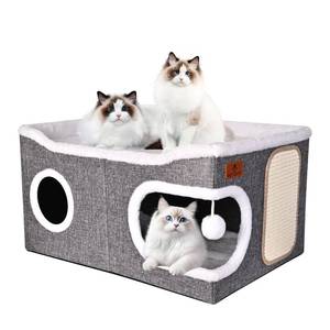 lot 13987 image: Extra Large Cat Beds for Indoor Cats, Covered Cat Cave Beds & Furniture with Scratch Pad and Fluffy Ball, Foldable Cat Condo Hideaway with Reversible Cushion for Multi Small Pet Large Kittens, Grey