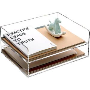 lot 13990 image: HeZone Paper Organizer, 2 Tier Stackable A4 Size Acrylic Letter Tray, OfficeHomeSchool Organization - Clear