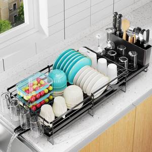 lot 13991 image: Pantasia Large Dish Drying Rack, Expandable Dish Rack for Kitchen Counter, Upgraded Dish Drainer with Drainboard Set, Multifunctional Dishrack with Utensil Holder & Cup Holder, 13.4-28.7 L x 11.8 W
