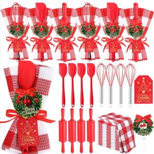 lot 13998 image: LemonRoad 12 Sets Christmas Kitchen Gifts Bulk Holiday Cooking Utensils Include Christmas Spatula Whisk Waffle Plaid Towel Xmas Wreath Rolling Pin Card Ribbon for Xmas Party Favors Stocking Stuffers