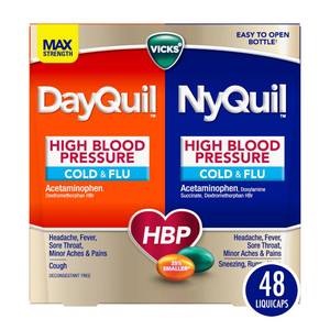 lot 14007 image: VICKS DayQuil & NyQuil High Blood Pressure Cold & Flu Relief Liquicap 48ct Co-Pack, Powerful Multi Symptom Daytime & Nighttime Medicine for Cold, Cough, and Flu Symptoms, 24ct DayQuil, 24ct NyQuil