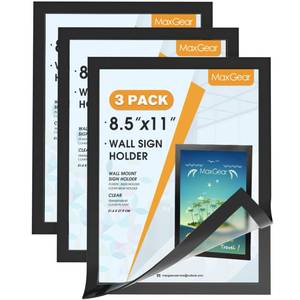 lot 14019 image: MaxGear Magnetic Sign Holder 8.5 x 11 Wall Mount, Self Adhesive Display Picture Frames with Strong Magnetic Border and Clear PVC, Document Poster Paper Holder for Home Office Store, 3 Pack
