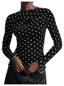 lot 14033 image: Milumia Womens Polka Dots Ruched Mesh Top Y2k Boat Neck Long Sleeve Going Out Tee Tops Black Large