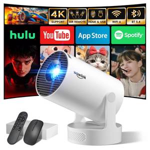 lot 14083 image: Built-in Apps & 2026 Upgraded Mini Projector with WiFi 6 and Bluetooth 5.4 Support 4K 1080P Auto Keystone 180° Rotatable Projector Portable Compatibile with HDMITV StickMemory StickLaptop, White