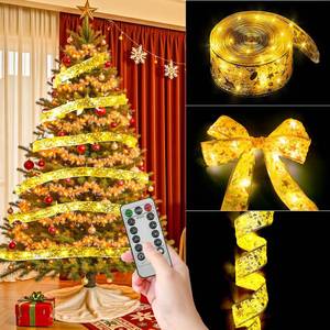 lot 14084 image: SHABEILI Christmas Decoration 2 inch x 33 Foot LED Christmas Tree Ribbon Light with Remote Control USB Power Supply 8 Lighting Modes Indoor Christmas Holiday Decoration��Golden��
