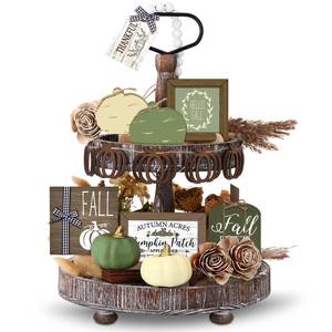 lot 14093 image: Reallnaive 18 Pcs Fall Thanksgiving Tiered Tray Decor Set Pumpkin Buffalo Plaid Wood Sign Hello Fall Rustic Farmhouse Neutral Tray Decoration Tabletop Sign for Autumn Home Kitchen Festival(Sage Green)