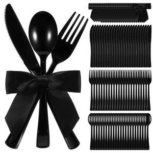 lot 14107 image: Minatee 25 Sets Black Plastic Cutlery Set with Twist Tie Bows, Heavy Duty Tableware Disposable Forks Knives Spoons Silverware Utensils Set for Coquette Birthday Bow Party Table Setting Picnics