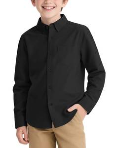 lot 14481 image: NUMYEAN Boys Long Sleeve Dress Shirts Button Down Uniform Shirts with Chest Pocket Size 11-12 Years Black