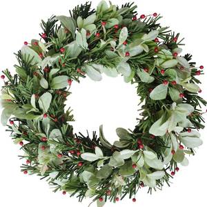 lot 19231 image: Bibelot 24 Inch Artificial Wreaths for Front Door, Winter Spring Decoration Wreath with Red Berry and Lamb Leaves, Evergreen Natural Wreath for Indoor Outdoor Farmhouse Festival Home Decor