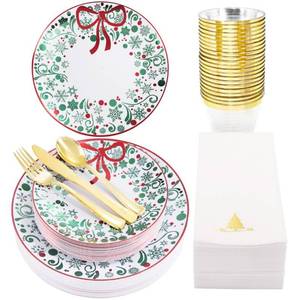 lot 19236 image: Nervure 175PCS Christmas Plastic Plates - Christmas Plates and Napkins include 25Dinner Plate, 25Dessert Plate, 25Forks, 25Knives, 25Spoons, 25Cups, 25Christmas Napkins for Xmas Party