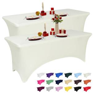 lot 2069 image: 2 Pack 6 Feet Ivory Spandex Tablecloth for Rectangular Tables, Fitted & Stretch, Washable, Wrinkle Resistant, Perfect for Event, Wedding, Party, Banquet, Cocktail, Festival, and Table Protector