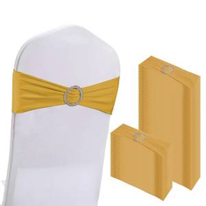 lot 2080 image: WJWHQ 100PCS Spandex Stretch Chair Sashes Bows Elastic Chair Cover Bands Ties with Buckle Slider for Wedding Party Reception Events Universal Ceremony Banquet Decorations (Gold)