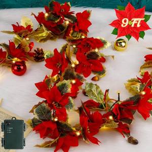 lot 2083 image: Glintoper Christmas Poinsettia Garland, 9 FT Lighted Artificial Garlands with Red Flowers, Battery Operated with Timer Poinsettia String Lights, Light up for Xmas New Year Holiday Home Decor