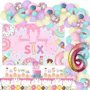 lot 2094 image: Kreatwow Donut 6th Birthday Party Decorations Sweet Sassy And Six Birthday Backdrop Banner Cake Topper Donut Ice Cream 6th Bday Decoration Doughnut Dessert Time Balloon Garland Arch with Tablecloth
