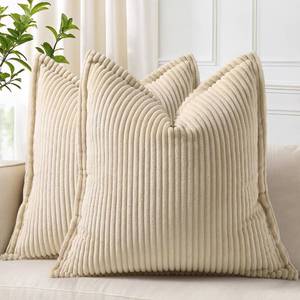 lot 2098 image: decorUhome Spring Corduroy Beige Euro Sham Throw Pillow Covers 26x26 Set of 2 Decorative Soft Boho Farmhouse Couch Pillow Covers for Living Room Bed Sofa Broadside Striped Pillow Cases