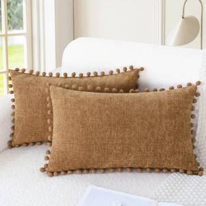 lot 2117 image: CaliTime Throw Pillow Covers Decorative 20 X 12 Inches Pack of 2 Cozy Solid Dyed Soft Chenille Cushion Cases with Pom Poms for Couch Sofa Bed Living Room Home Apricot Brown