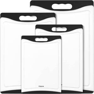 lot 2137 image: Extra Large Cutting Boards, Plastic for Kitchen (Set of 4) Dishwasher Chopping Board with Juice Grooves, Easy-Grip Handles, Black, Empune