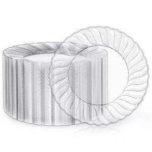 lot 3691 image: FOCUSLINE 100 Count Clear Plastic Plates 9 Inch, Disposable Heavy Duty Dinner Plates- Premium Hard Plastic Plate Fancy Disposable Clear Plates for Weddings, Parties and Events