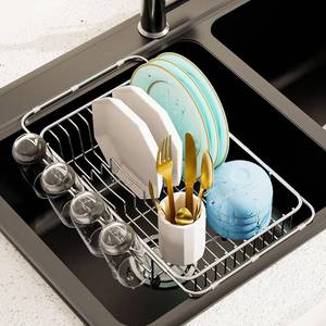 lot 3692 image: AIDERLY Dish Drying Rack in Sink Expandable Stainless Steel Kitchen Dish Drainer with 4 Cup Holders, Silver
