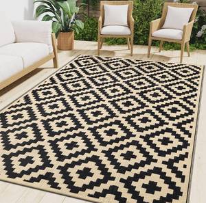 lot 3698 image: Smiry Waterproof Outdoor Rug 5x8 ft, Reversible Plastic Straw Patio Camping Rugs, Outdoor Indoor RV Mat Carpet for Patio, Outside Entry, Backyard, Deck, Bench, Picnic, Camper, Black & Beige