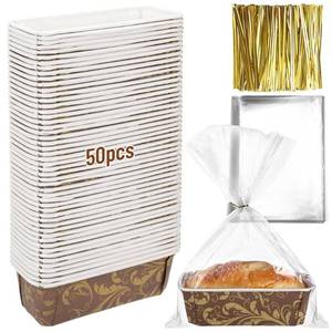 lot 3701 image: FDKYOEK 50 PCS Paper Loaf Pans for Baking, 6.3 x 2.2 x 2.2 Inch Small Disposable Baking Pans with Clear Plastic Bags and Ties, Rectangle Paper Bread Pans for Cake Bread Oven Loaf Bakery