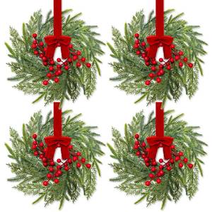 lot 3707 image: 4 Pcs 15 Christmas Mini Cabinet Wreaths for Kitchen,Artificial Norfolk Pine & Cypress Wreath with Red Berry Bow for Christmas Decorations Window Door Fireplace Table Staircase Indoor Outdoor