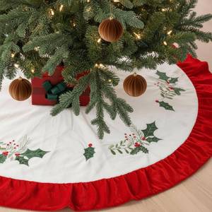lot 3708 image: Vertintong 48 Inches Velvet Christmas Tree Skirt Rustic Red Green Embroidered Holly Style Fur Plush Tree Skirt Luxury Xmas Skirts for Merry Christmas Party Vintage Holiday Decorations