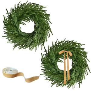 lot 3717 image: 24 Inch Real Touch 2 Pcs Norfolk Pine Wreath Christmas Decorations for Front Door, Artificial Plants Green Christmas Wreath with Lights Home Decor, Xmas Decor for Mantel Wall Holiday Winter Decor
