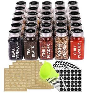 lot 3721 image: SWOMMOLY 30 Glass Spice Jars 6 oz Empty Square Spice Bottles with 703 Spice Labels, Chalk Marker and Funnel Complete Set. 30 Spice Containers with Airtight Cap, Poursift Shaker Lid