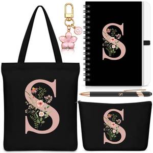 lot 4338 image: Talltalk 5 Pcs Personalized Women Gifts,Initial Tote Bag,Makeup Bag,Keyring,Notebook,Ballpoint,Black Alphabet Gifts for Women(Letter S)