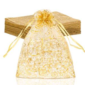 lot 4353 image: Staruby Organza Gift Bags 50 Pcs Gold Sheer Organza Bag 6x8 Inch Mesh Favor Bags Drawstring Jewelry Rattan Printed Gift Pouches for Wedding Party Favors Couple Shower Christmas Gifts Candy Bags