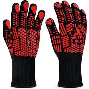 lot 4360 image: FITFIV BBQ Gloves, Oven Gloves, 1472°F Extreme Heat Resistant Barbecue Gloves, Silicone Non-Slip Oven Mitts, Kitchen for Cooking, Grilling, and Baking (Red)