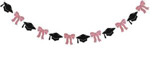 lot 4361 image: Pink Bow & Graduate Cap Garland - Trendy Graduation Decorations, Class of 2026 High School Graduate Decor Rose Gold Black Glitter