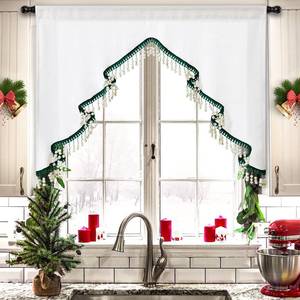 lot 4366 image: Estmy Boho Cute Christmas Tree Kitchen Curtain, White and Green, 47W x 36L, 1PCS