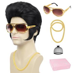 lot 4370 image: Yargel Hair 50s Disco Rock Wig with Glasses and Necklace Black Singer Rocker Costume Wigs for Men 50s 60s Funny Wig for Halloween Costume Cosplay Party Use (4pcs Set)