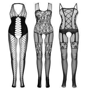 lot 4404 image: Fengek 3 Packs Women Fishnet Bodysuits, Stockings Sleepwear Lingerie for Couple Dating Nightwear, Black