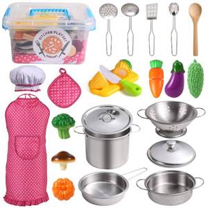 lot 4407 image: Juboury Kitchen Pretend Play Toys with Stainless Steel Cookware Pots and Pans Set, Cooking Utensils, Apron & Chef Hat, Cutting Vegetables for Kids, Girls, Boys, Toddlers