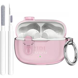 lot 4408 image: Compatible with JBL Vibe 200TWSJBL Vibe BeamBeam 2 Case Cover Clear Lock Clip with Cleaner Kit, Transparent TPU Protective Cover Men Women with Carabiner for JBL Vibe Beam 2 Charging Case - Pink