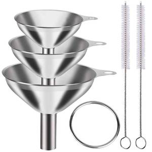 lot 4429 image: Metal Stainless Steel Funnel, Large Medium Small Funnel Set of 3, Food Grade Mini Funnels for Kitchen Use Filling Bottles Flask Cooking, 2 Brushes YLYL