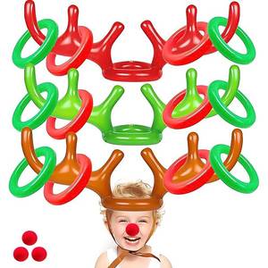lot 4440 image: 18 Pcs 3 Set Inflatable Reindeer Antler Ring Toss Christmas Party Games Kids Family Toys Stock Stuffer Christmas Activities Decorations Carnival Supplies Gifts Grandkids- 3 Antlers 12 Rings 3 Red Nose