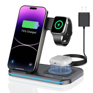 lot 4445 image: Wireless Charger 3 in 1 Charging Station lPhone Fast Foldable Charging Stand for Multiple Devices with an 18 W Quick Charger for lPhone 16151413 Pro Max Watch AriPods Pro 2