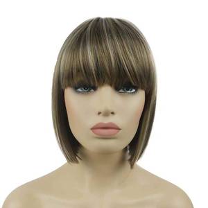 lot 4446 image: Lydell 8 Straight Short Bob Hair Flat Bangs Cute Central Dot Skin Top Heat Resistant Synthetic Wigs (18-22 Light Ash Brown)