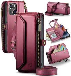 lot 4482 image: Strapurs Wallet Case Compatible with iPhone 13 RFID Blocking 7-Card Holder Soft PU Leather Magnetic Snap Shoulder Strap Zipper Pocket Phone Case Fit for iPhone 13 for Women 6.1 - Wine Red
